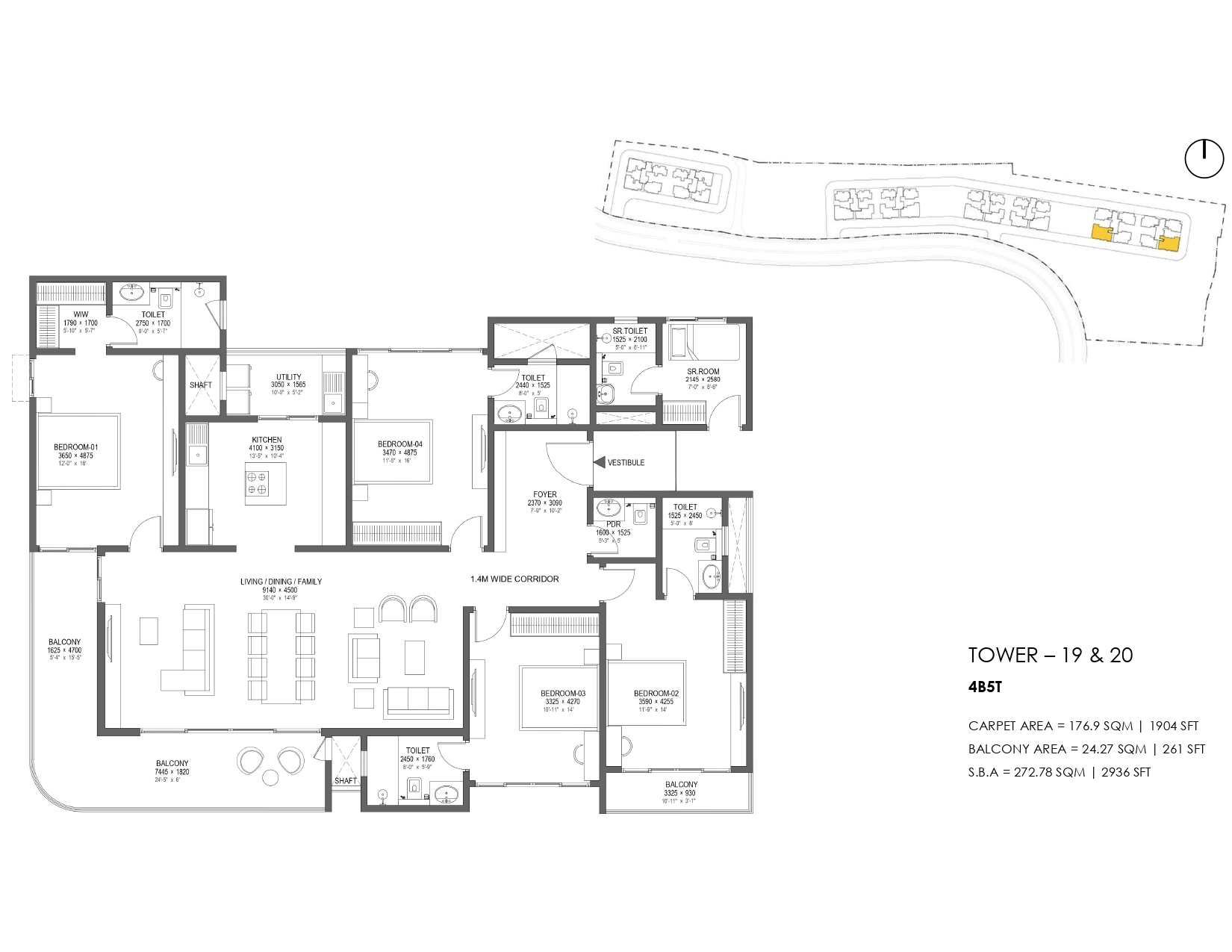 4.5BHK 5 toilet floor plan Nambiar District 25 Phase 3 Tower 19-20